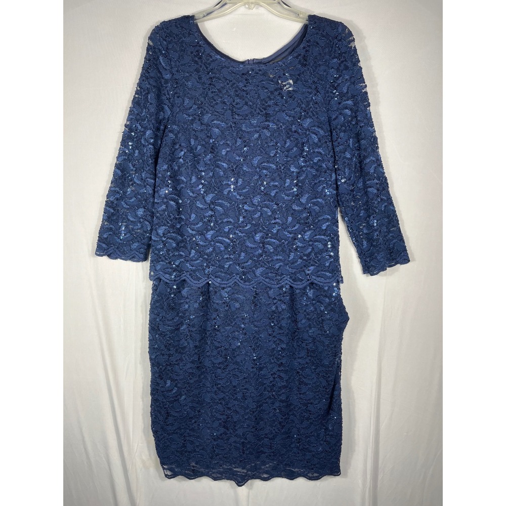 Vtg 90s Y2K Alex Evenings Sheath Dress 10 Navy Blue Lace Sequins‎ 3/4 Sleeve EUC